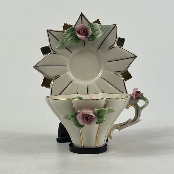 Limoges France Porcelain Rose Cup Saucer Set Gold Trim Starburst Pedal Design - Picture 1 of 15